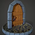 Wooden Swing Door with Arched Stone Frame and Metal Ring Handle on Circular Brick Base