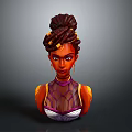 Detailed 3D Woman Bust Sculpture with Braided Hair Gold Ornaments and Purple Orange Top