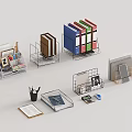 Organized Office Desk With Colorful Folders Wire Racks And Stationery