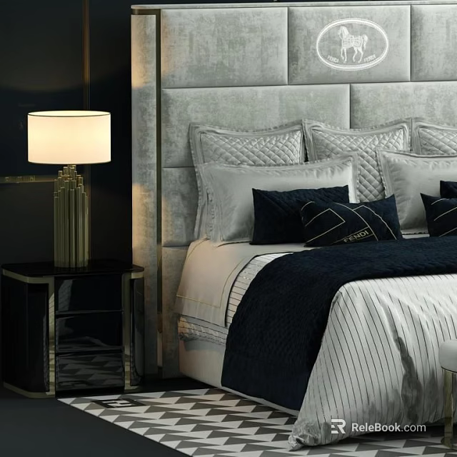 Modern Luxury Double Bed Grey Upholstered Headboard Navy Pillows Blanket and Gold Lamp Side Table 3d model 