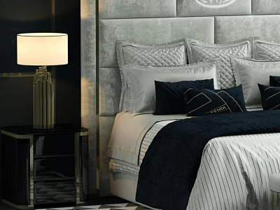 Modern Luxury Double Bed Grey Upholstered Headboard Navy Pillows Blanket and Gold Lamp Side Table 3d model