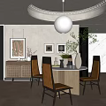 Modern Restaurant Interior Featuring Round Dining Table Rattan Cabinet Green Plant And Wall Art