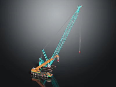 Turquoise and Yellow Crawler Crane with Extended Boom Hook and Reflection 3d model