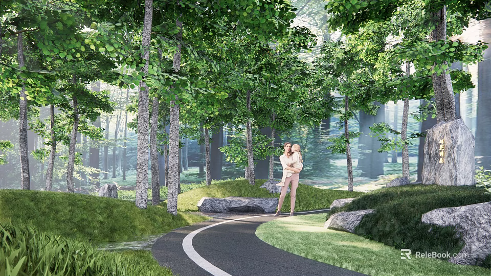 Scenic Park Landscape with Lush Trees Winding Path Green Grass and People Enjoying Walk 3d model 