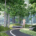 Scenic Park Landscape with Lush Trees Winding Path Green Grass and People Enjoying Walk