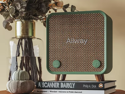 Allway Green Retro Speaker With Decorative Vase And Pumpkins On Books 3d model