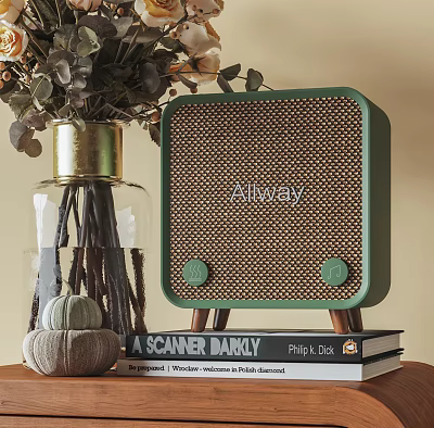 Allway Green Retro Speaker With Decorative Vase And Pumpkins On Books 3d model