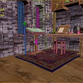 Charming Indoor Scenery Featuring Stone Walls Windows Wooden Table Chair Rug And Bookshelf