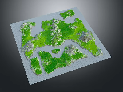 3D Terrain Model with Green Vegetation Cover and Mountainous High Ground on Grid Background 3d model