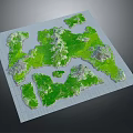 3D Terrain Model with Green Vegetation Cover and Mountainous High Ground on Grid Background