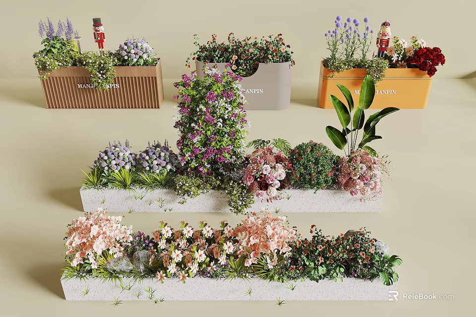 Beautiful Flowers and Plants in Decorative Planters with Lavender Pink Blooms and Green Foliage 3d model 