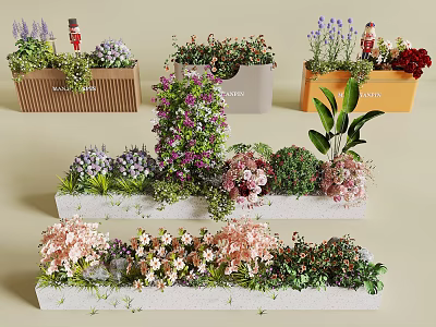 Beautiful Flowers and Plants in Decorative Planters with Lavender Pink Blooms and Green Foliage 3d model