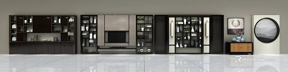 Modern TV Wall Design with Storage Cabinets Shelves and Decorative Plants 3d model 