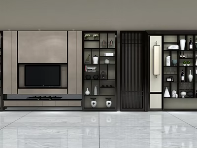 Modern TV Wall Design with Storage Cabinets Shelves and Decorative Plants 3d model