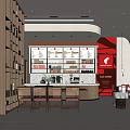 Modern Open Café Interior With Wooden Bookshelves Red Accent Wall Bar Counter And Tables Chairs