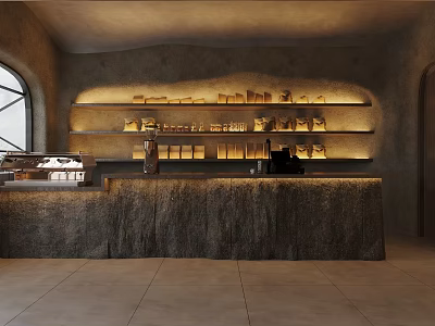 Modern Café Interior With Stone Counter Shelves And Warm Lighting 3d model