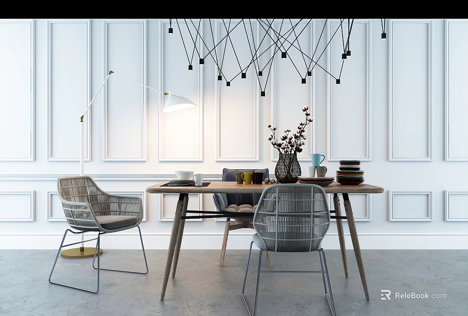 Minimalist Dining Set With Wooden Table Woven Chairs White Wall Paneling And Geometric Light 3d model 