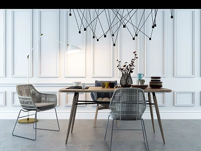 Minimalist Dining Set With Wooden Table Woven Chairs White Wall Paneling And Geometric Light 3d model