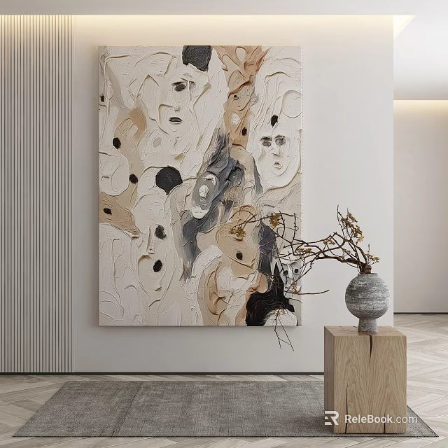 Abstract Wall Art With Face Patterns And Beige Black Tones By Vase On Wooden Stand 3d model 