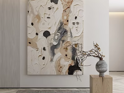 Abstract Wall Art With Face Patterns And Beige Black Tones By Vase On Wooden Stand 3d model
