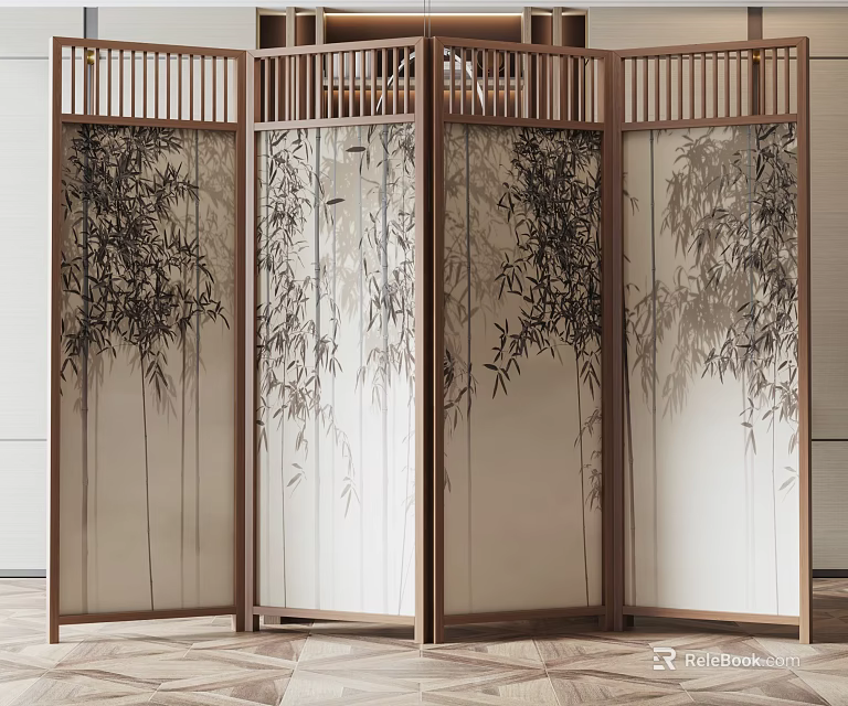 Chinese Style Wooden Screen With Bamboo Pattern Decoration 3d model