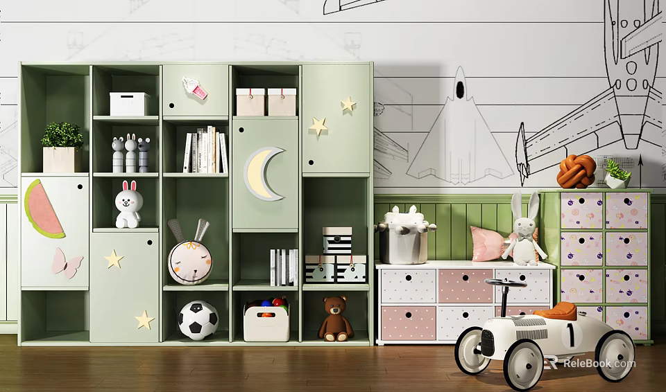 Green Kids Room Bookshelf with Star Moon Decor Books Toys and Storage Boxes 3d model 