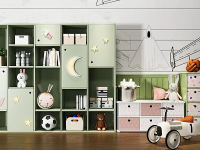 Green Kids Room Bookshelf with Star Moon Decor Books Toys and Storage Boxes 3d model