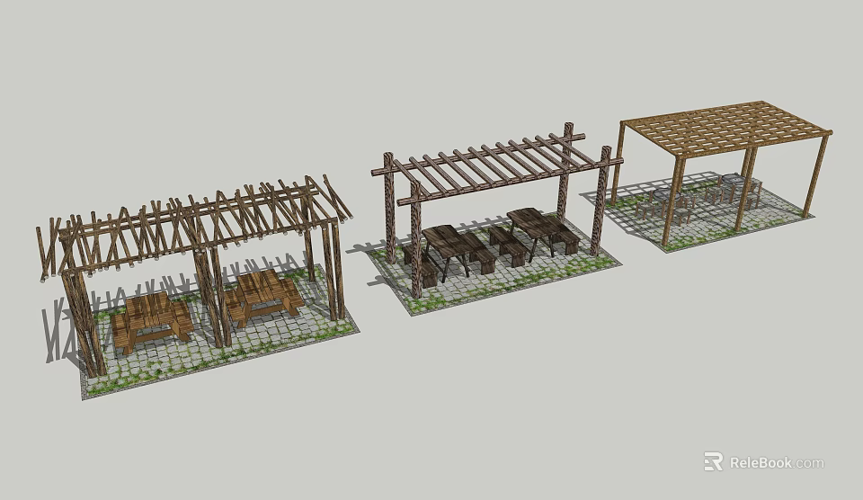 Various Wooden Pergola Outdoor Designs With Tables Chairs On Paved Ground 3d model 