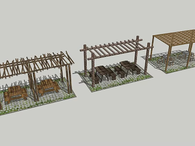 Various Wooden Pergola Outdoor Designs With Tables Chairs On Paved Ground 3d model