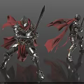Man in Shiny Metal Armor With Red Cape Holding Long Sword in Battle Stance