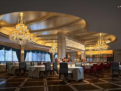 Luxurious Banquet Hall Interior With Crystal Chandeliers Decorative Ceiling And Tables Chairs 3d model