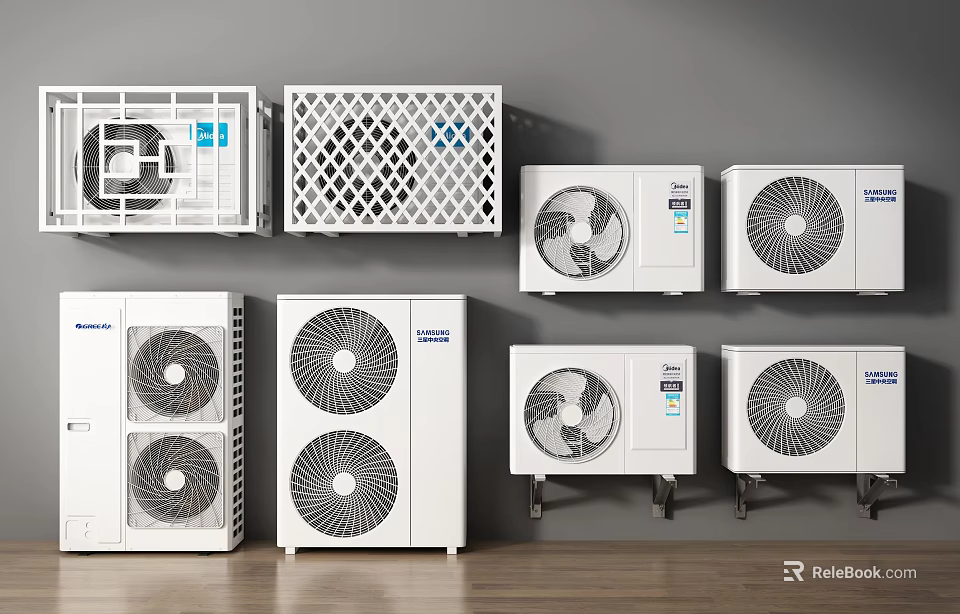Modern Air Conditioner Fans With Wall Mounted Floor Standing And Outdoor Units 3d model 