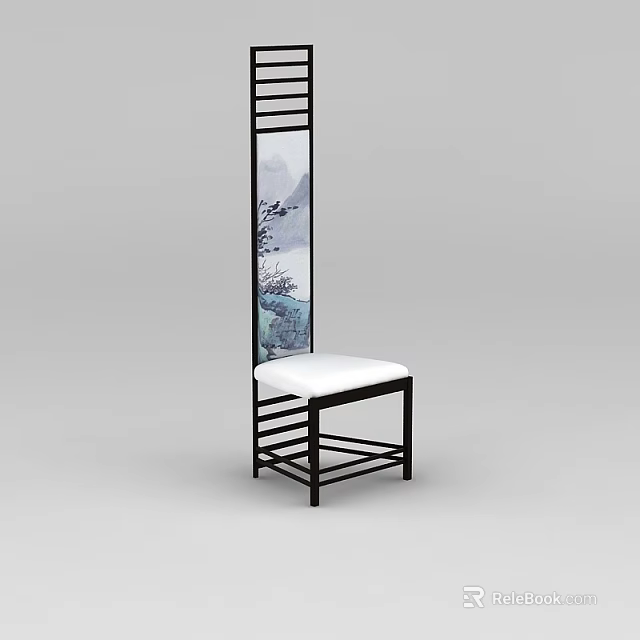 Elegant Chair With Black Frame White Seat And Landscape Painting Screen 3d model 