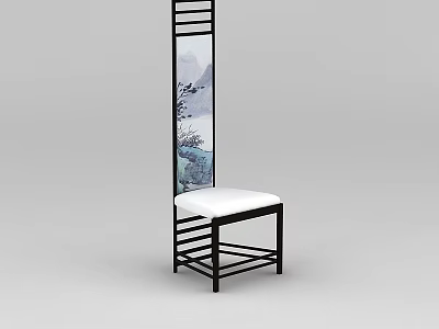 Elegant Chair With Black Frame White Seat And Landscape Painting Screen 3d model