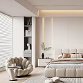 Modern Bedroom Interior With Upholstered Headboard Nightstands Striped Rug Accent Chair And Wardrobe
