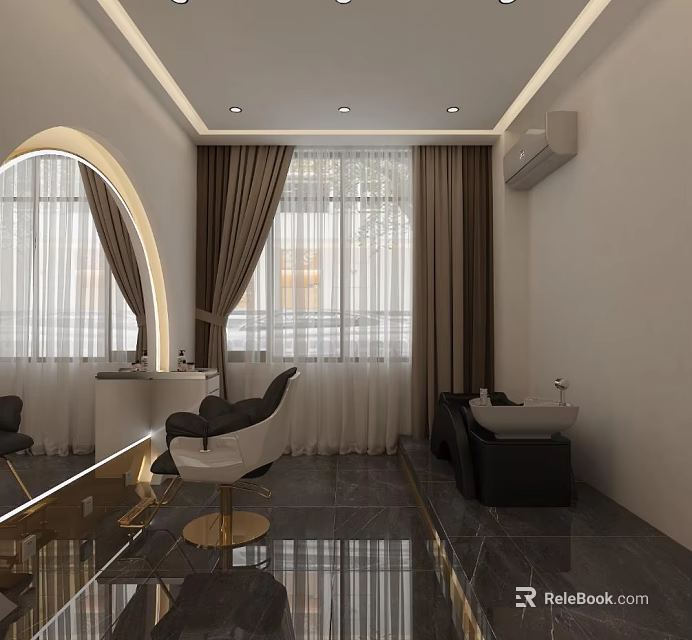 Modern Beauty Salon Interior With Large Mirror Comfortable Chair Washbasin And Windows With Curtains 3d model 