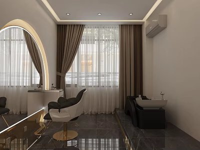 Modern Beauty Salon Interior With Large Mirror Comfortable Chair Washbasin And Windows With Curtains 3d model