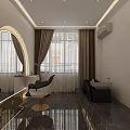 Modern Beauty Salon Interior With Large Mirror Comfortable Chair Washbasin And Windows With Curtains