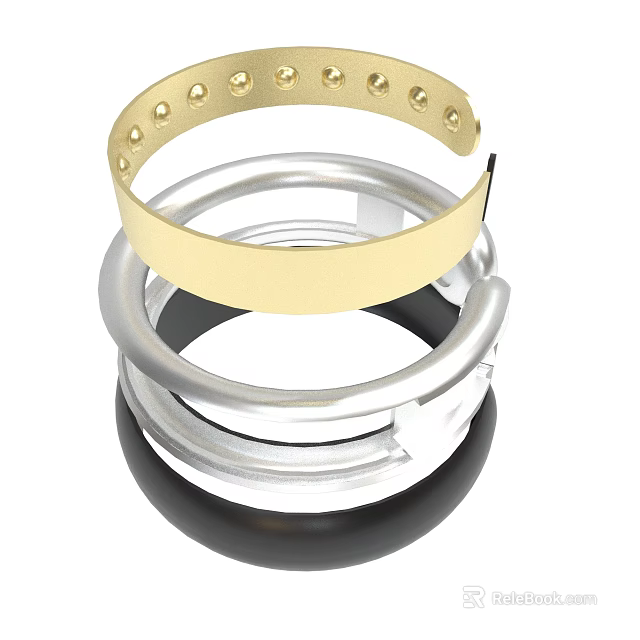 Gold And Silver Stacked Metal Rings With Perforated Design And Shiny Finish 3d model 