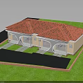 Single Story Building Featuring Red Tile Roof Light Colored Walls Arched Windows Lawn Stone Pathways
