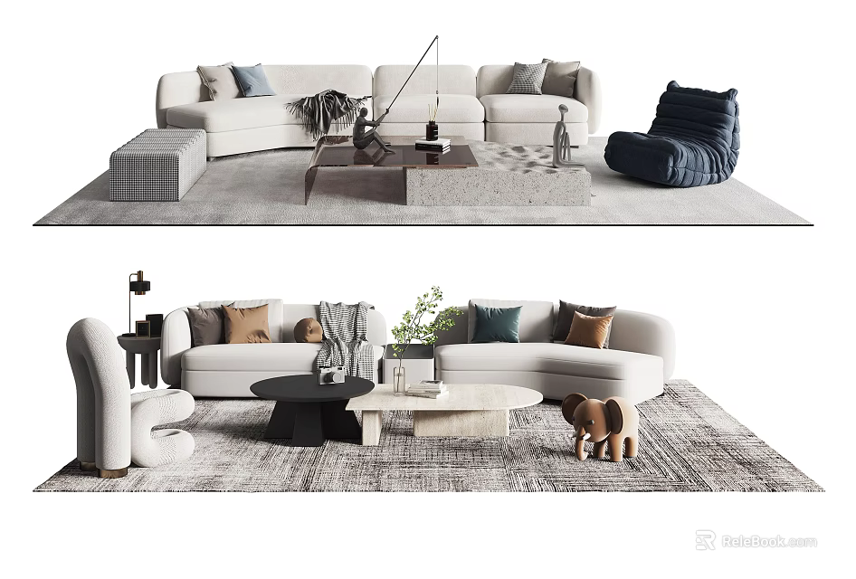 Modern Light Colored Sofa and Coffee Table Set with Cushions Rug and Decorative Items 3d model
