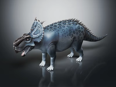 Blue Spotted Triceratops Dinosaur Figure With Spiked Back Horned Head Open Mouth And White Claws 3d model