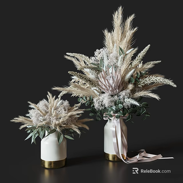 Elegant White Vase With Pampas Grass Protea Green Leaves And Ribbon Decoration 3d model 