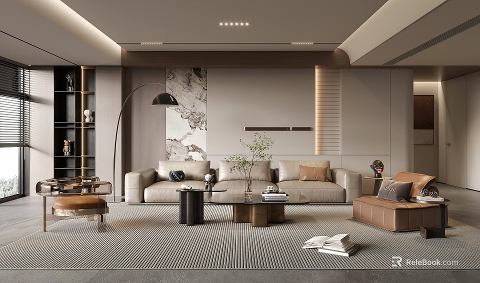 Modern Minimalist Living Room With Beige Sofa Brown Armchair And Striped Rug 3d model 