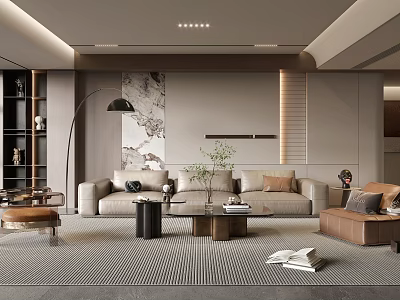 Modern Minimalist Living Room With Beige Sofa Brown Armchair And Striped Rug 3d model