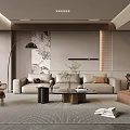 Modern Minimalist Living Room With Beige Sofa Brown Armchair And Striped Rug