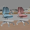 Modern Blue Pink Desk and Chair Set with Swivel Wheels Armrests and Green Plants