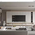 Modern Living Room With TV Wall Built In Fireplace Light Gray Sofa And Wooden Shelves