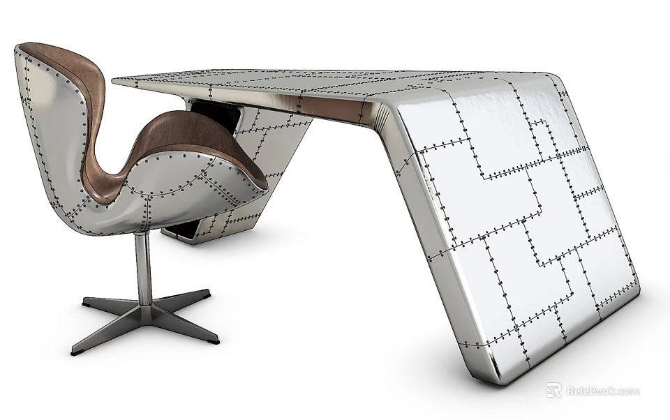 Modern Office Desk With Metal Surface Stitched Pattern And Accent Chair 3d model 