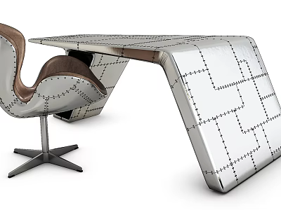 Modern Office Desk With Metal Surface Stitched Pattern And Accent Chair 3d model